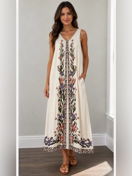 Max Studio Dresses & Skirts - Max Studio Cream Sleeveless Maxi Dress with Floral Panel